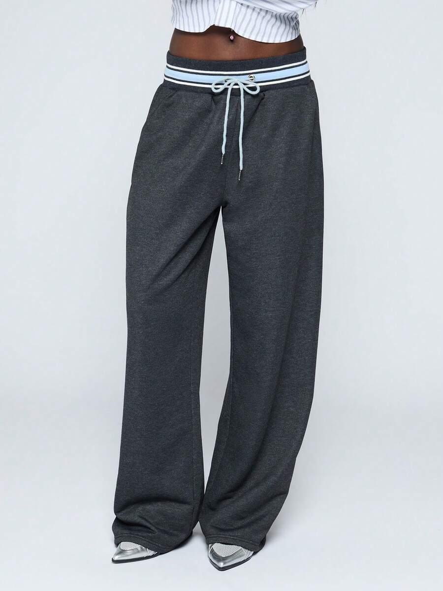 COUREZ Low Rise Oversized Sweatpants With Stripe Contrasting Waistband Y2K Summer For Women Summer For Women - Dark Grey - View 1