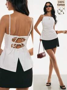 Poéselle 女士休闲性感度假风纯色露背扭结褶皱腰部吊带背心，夏季 - 白色 - 查看 3