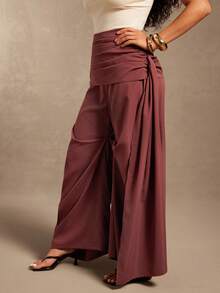 Vixey Solid Woven High Waist Gathered Sash Wide Barrel Leg Pants - Brown - View 4