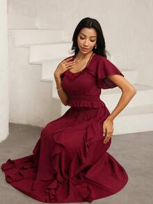 Modelyn Bộ đồ thể thao màu đỏ rượu vang kiểu dáng nghỉ dưỡng, áo tay ngắn cổ trái tim thắt eo kết hợp với chân váy xếp ly, thích hợp cho mùa xuân/hè. - Màu Đỏ Sâu - View 9