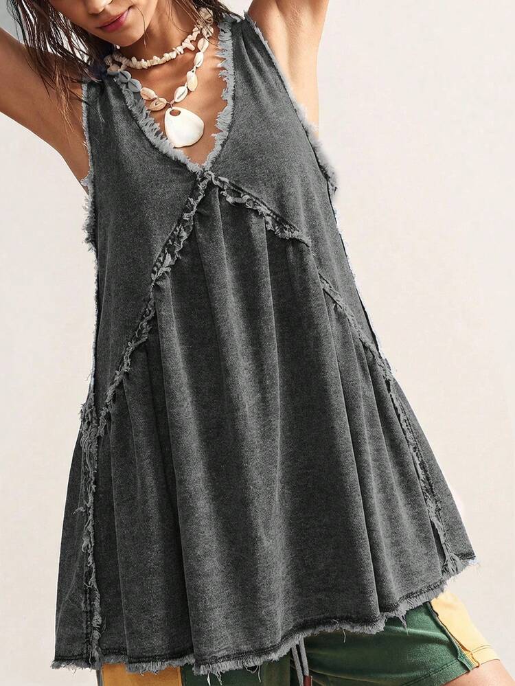 Bohemela 大码纯色极简无袖牛仔连衣裙，休闲日常穿着 - 黑色 - 查看 6