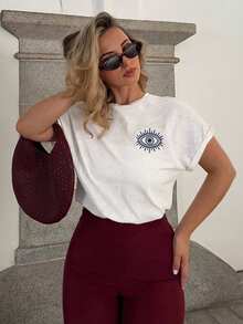 Jeta Ari Áo thun 100% cotton với họa tiết thêu hình con mắt tượng trưng, màu trắng, thích hợp cho mùa hè, mùa cưới, áo thun thêu phong cách Cottagecore, áo thun tay ngắn, phong cách thường ngày thanh lịch. - Xanh và trắng - Xem 4