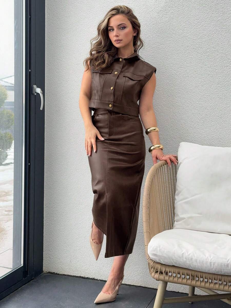 Jeta Ari 女士秋冬PU皮单排扣背心和裙子两件套 - 咖啡棕 - 查看 1