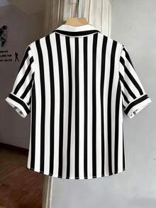 GlowEve 女士藏蓝色数码印花条纹宽松翻领短袖收腰修身通勤优雅独特设计衬衫 - 黑色 - 查看 2