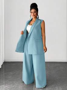 Maweii Plus Size Casual Elegant Suit Set, Blazer And Wide Leg Pants, Suitable For Work And Commute, Autumn/Winter - Baby Blue - View 6