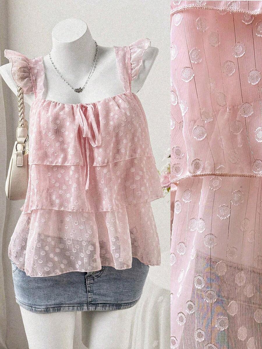 Sweetra 大码女式休闲度假浪漫雪纺镂空短袖夏季上衣 - 粉色 - 查看 1