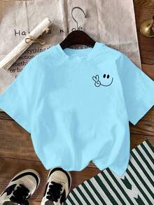 EMERY ROSE Camiseta de manga corta con estampado de cara sonriente para mujer talla grande, perfecta para el verano. - Azul - Ver 3