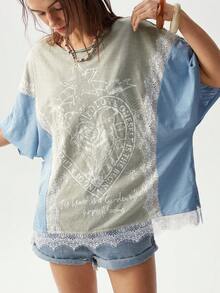 Bohemela 女士字母印花圆领宽松拼接撞色休闲T恤 - 彩色 - 查看 2