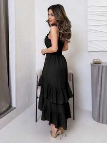 Jemour Apricot Vintage Ruffled Hem Women's Dress, Casual Outfit For Early Autumn - Black - View 4