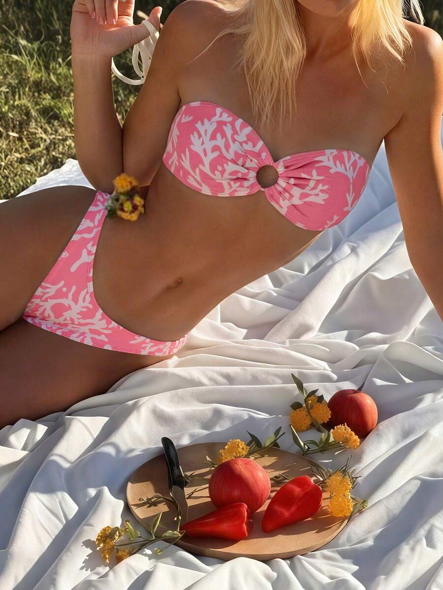 Swim Mod Bikini de traje de baño con estampado floral rosa, tirantes finos y sexy para vacaciones en la playa - Rosa - Ver 1