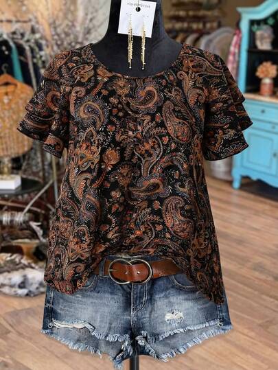 Linhara 大码女式波西米亚风佩斯利花纹腰果印花圆领双层荷叶边短袖宽松休闲通勤时尚优雅甜美复古度假衬衫，春夏款