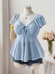 Sweetra Áo thun nữ cỡ lớn cổ vuông, tay bồng, dây rút, nơ eo, dáng chữ A, chất liệu vải dệt họa tiết cổ điển, thanh lịch, dễ thương, phong cách thường ngày. - Màu xanh lam - Xem 4