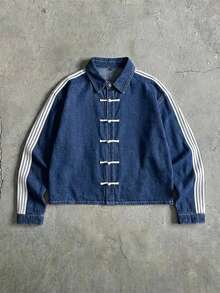 AXEPEAK 男士水洗牛仔夹克，中国风时尚条纹印花长袖休闲外套 - 藍色 - 查看 1