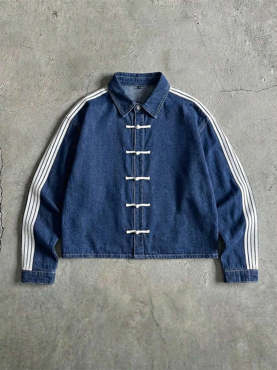 AXEPEAK 男士水洗牛仔夹克，中国风时尚条纹印花长袖休闲外套 - 藍色 - 查看 1