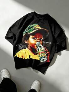 ROMWE MEN Street Life 男士天使印花短袖T恤，适合春夏穿着 - 黑色 - 查看 5