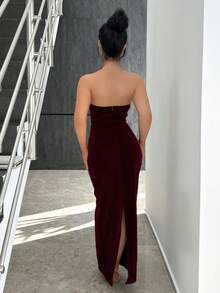 Vassilux Robe longue bustier en velours bordeaux pour femmes - Rouge foncé - Voir 3