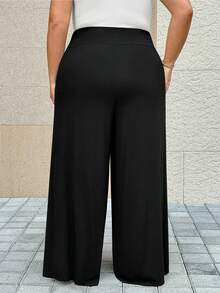 SHEIN CURVE+ Adjustable Wide Leg Pants For Plus Size Women, Solid Color Style Pants Palazzo Pants Women Plus Size - Black - View 2