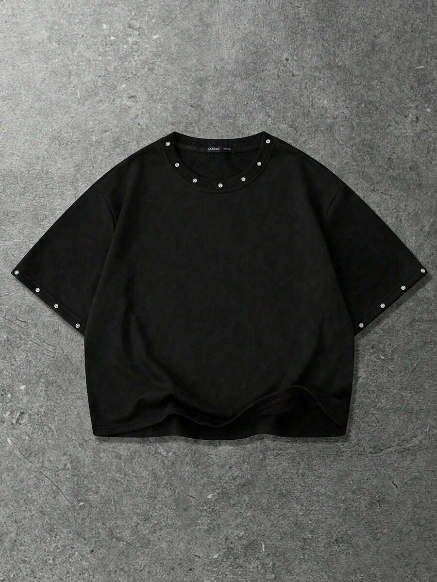 ROMWE MEN Essentials Áo thun nam tay ngắn dáng rộng, đính đá lấp lánh. - màu đen - Xem 1