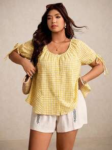 Elaquor Plus Size Women Plaid Round Neck Casual Versatile Daily Wear Short Sleeve Shirt - Yellow - View 6