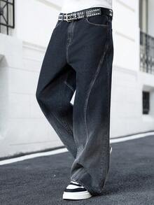 Manfinity EMRG Men's Fashion Casual Luxury Commuter Ombre Washed Design Straight Leg Wide Jeans - Black - View 4