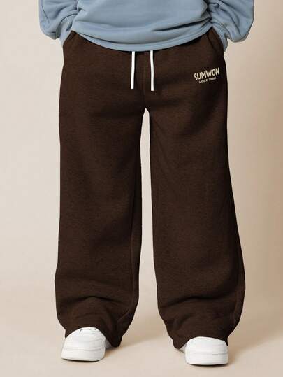  SUMWON Wide Leg Jogger Sweatpants With Drawstring And Text Print For Casual Everyday Comfort Vacation