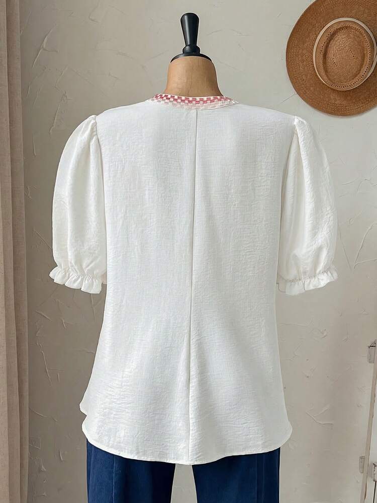 Plus Size Women Floral Embroidery V-Neck Petal Sleeve Blouse Women S Tops And Blouses Women S Spring Dress Summer Dress Summer Outfits For Women Spring Clothing Spring Outfit Beach Outfits For Women Vacation Outfits Women Summer Holiday Outfits Country Style For Women Summer Tops