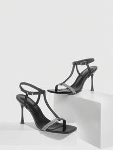 CUCCOO SZL Zapatos de tacón alto de punta cuadrada para mujer, con cadena de cristales y correa de tobillo sexy y de moda, adecuados para vestir, fiesta y discoteca - Negro - Ver 2