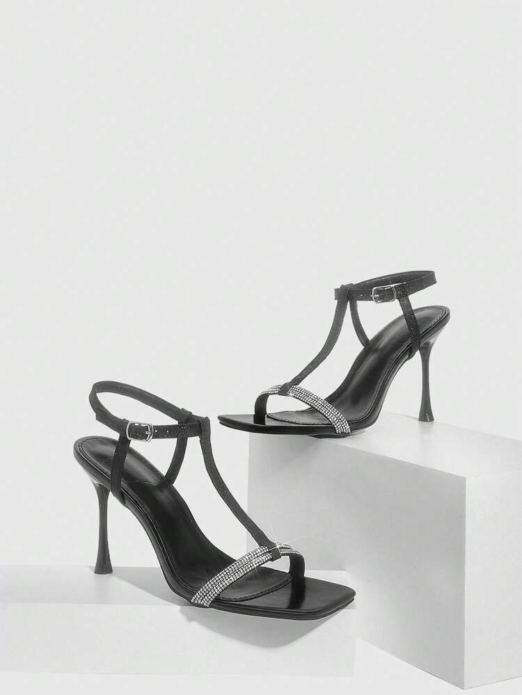 CUCCOO SZL Women's Square Toe Stiletto High Heel Shoes, Sexy Fashion Rhinestone Chain Ankle Strap, Suitable For Dress, Party, Nightclub Prom Heels