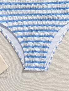 Conjunto de bikini a rayas para niñas preadolescentes, traje de baño triangular casual de poliéster para vacaciones de verano, playa, días festivos - Azul - Ver 5