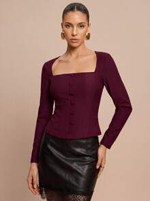 Olia Maree Olia Maree 小众设计修身长袖方领衬衫 - 中紫紅色 - 查看 4