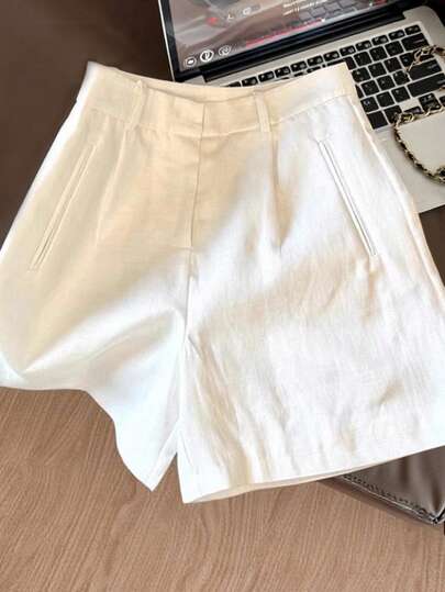 Airaco Quần đùi Bermuda nữ kiểu dáng thường ngày, chất liệu cotton lanh, màu trơn, có hai túi.