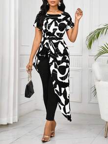 SHEIN Lady Women's Geometric Print Asymmetric Hem Round Neck Short Sleeve Casual Top - Apricot - View 4
