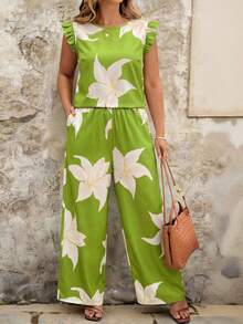 Reflora 春夏女士卡其色短袖衬衫搭配松紧腰阔腿裤两件套，优雅日常穿搭，适合大码身材 - 軍綠色 - 查看 7