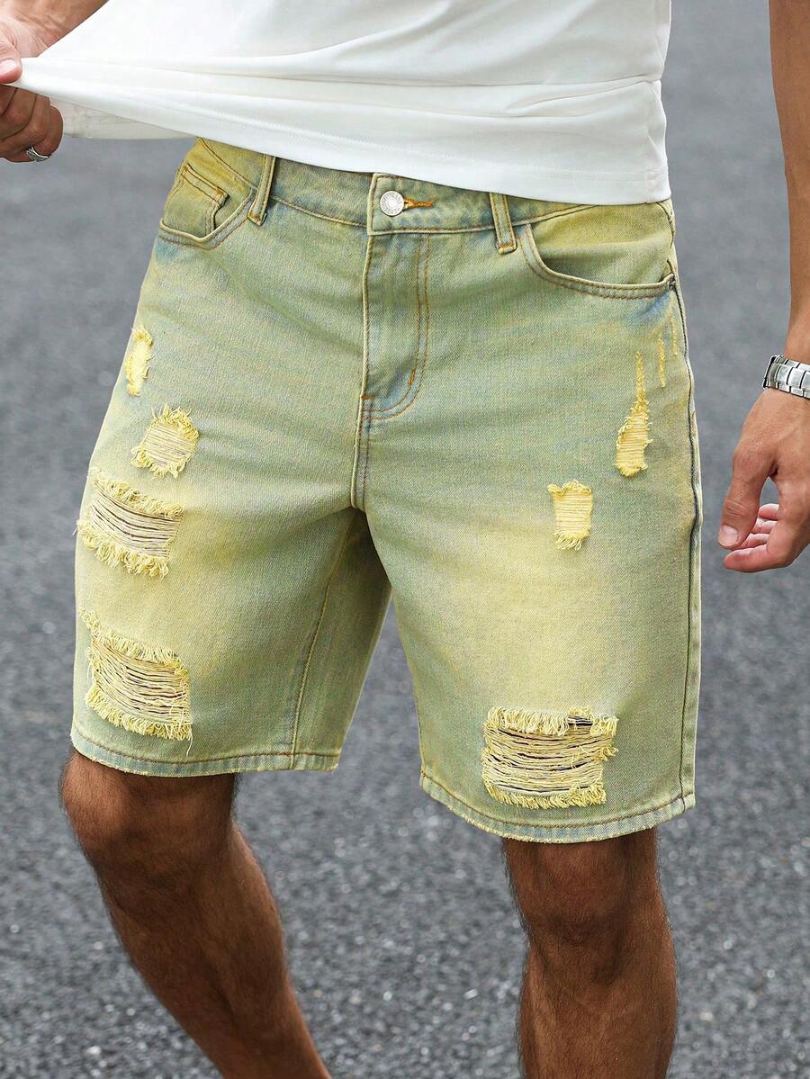 Manfinity Homme Men's Casual Washed Distressed Denim Shorts Distressed Denim Shorts Men - Army Green - View 1