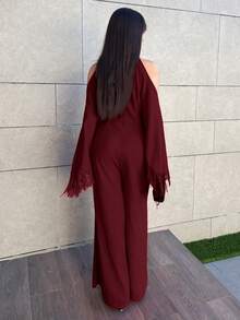 Hitanina 2025 Autumn And Winter New Elegant Commuter Solid Color Fit Bright Red Cross Neckline & Tassel Long Sleeve Women Jumpsuit, Suitable For Parties And Daily Outings,Country Concert Outfit,Halloween,Christmas, Night Out,Wedding Guest Dress,Birthday Dress,Brunch Outfits For Women,Daily Outings -A - Burgundy - View 2