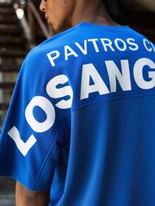 PAVTROS 男士T恤，超大撞色字母印花，宽松版型，休闲街头风 - 藍色 - 查看 2