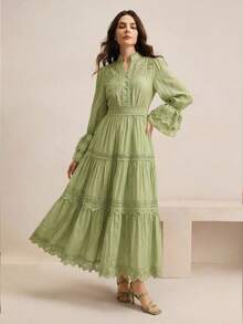 Anewsta Women's Solid Green Elegant Floral Trim Patchwork Flare Sleeve Dress, Soft & Romantic, Entire Piece With Floral Trim Tape, Highlighting Structural Division And Layering, Suitable For Spring/Summer, Beach, Holiday & Casual Wear - Green - View 6