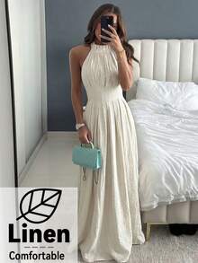 Aloruh Đầm hè nữ, đầm xếp ly cổ đứng thời trang, đầm dài không tay dáng chữ A phong cách bohemian mùa hè, đầm không tay thanh lịch cho nữ, đầm đi nghỉ mát thường ngày. - Màu be - Xem 9
