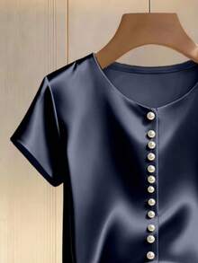 Franclia Women's Champagne Elegant Round Neck Pearl Decor Long Sleeve Blouse, Satin Fabric, Suitable For Commuting And Everyday Elegant Wear - Royal Blue - View 3