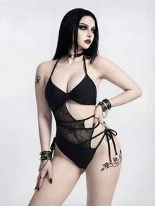 ROMWE Goth Women's Sexy One-Piece Swimsuit With Spider Web Mesh Cutout Lace-Up Design - Black - View 5