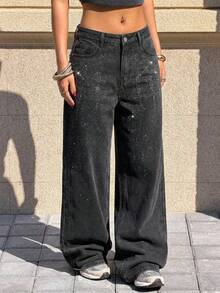 Muchica Black Versatile All-Match Women's Rhinestone Embellished Wide Leg Jeans, Spring Clothes Women,Street Wear - Black - View 6