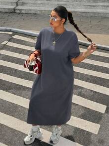 SHEIN EZwear Deep Grey Casual Long T-Shirt Dress, Plus Size - Dark Grey - View 4