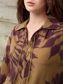 MOTF PREMIUM LINEN BLEND PRINTED LACE UP SHIRT, SPRING/SUMMER - Mustard Yellow - View 2