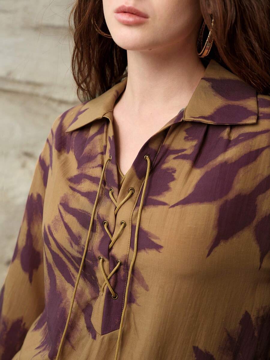 MOTF PREMIUM LINEN BLEND PRINTED LACE UP SHIRT, SPRING/SUMMER - Mustard Yellow - View 2