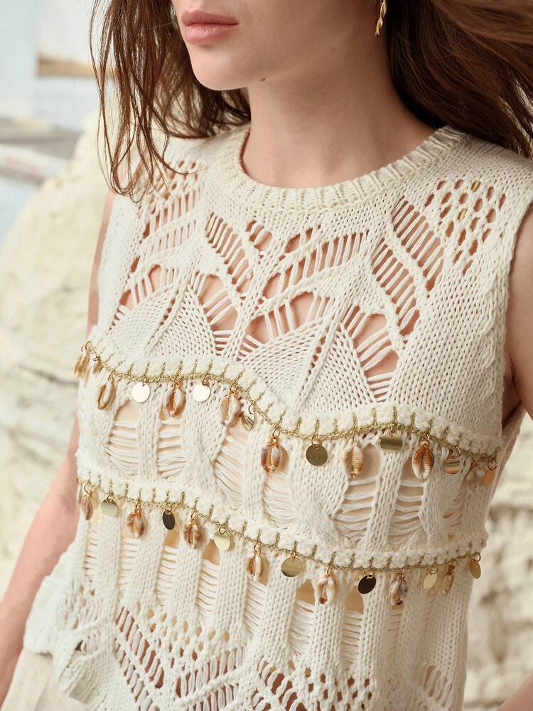 HOLLOW CROCHET SEQUIN DECORATED SWEATER VEST, SPRING/SUMMER HOLIDAY