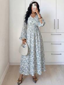 Modelyn Đầm hoa nhí tay dài dành cho nữ - Màu xanh lam - Xem 5