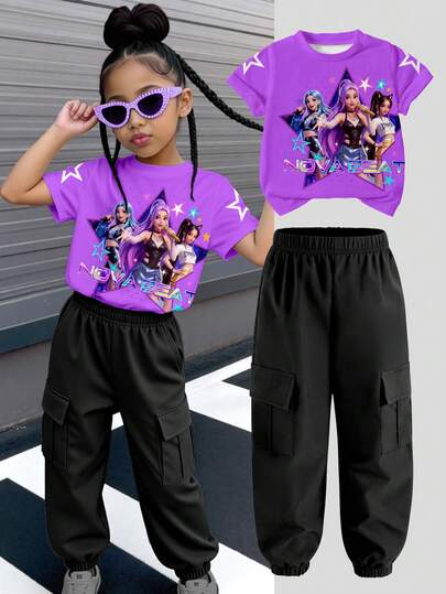 两件套女团明星偶像印花短袖上衣和运动裤套装，休闲时尚女童装，适合春、夏、秋、冬四季穿着。