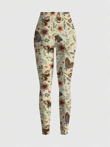 ROMWE Fairycore Quần legging bó sát gợi cảm họa tiết lá cây lấy cảm hứng từ thiên nhiên dành cho nữ - Màu be - Xem 2