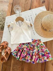 SHEIN LMoss Kids 女婴两件套：纯色针织吊带背心 + 印花雪纺迷你裙 - 彩色 - 查看 7