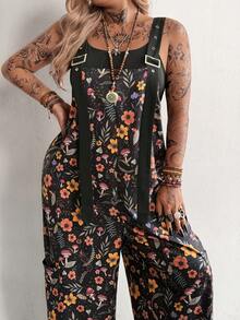 SHEIN Tall CURVE Grunge 复古撞色口袋个性化街头度假学院印花高个加大码女式连体裤 - 彩色 - 查看 6